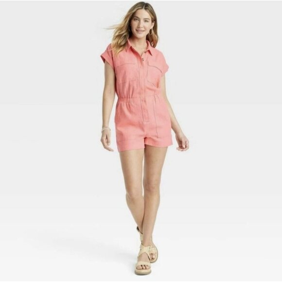 Universal Thread Short Sleeve Romper Womens Size 8 Coral Pink - Picture 1 of 9